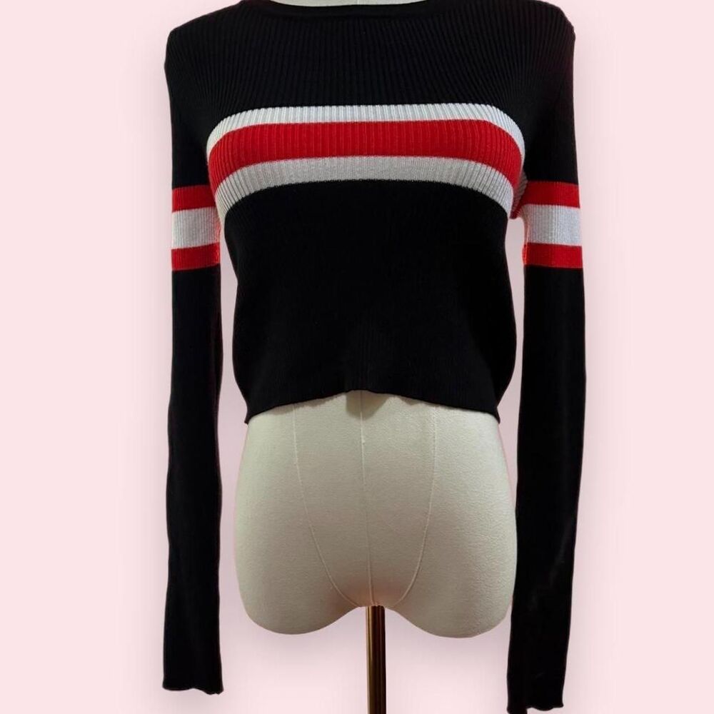 Say What? black, red & white striped fitted sweater